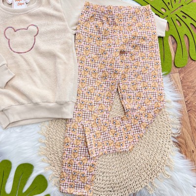 Conj. Casaco de Moletom com Pelinho e Calça Legging Ursinhas - Areia 